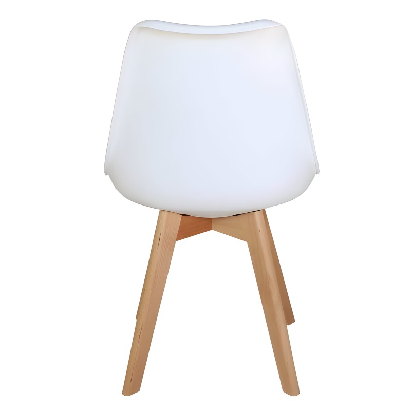 Silla con asiento blanco redondeado y patas de madera natural