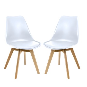 Pareja de sillas modernas con respaldo blanco curvo y asiento acolchado blanco sobre patas de madera natural