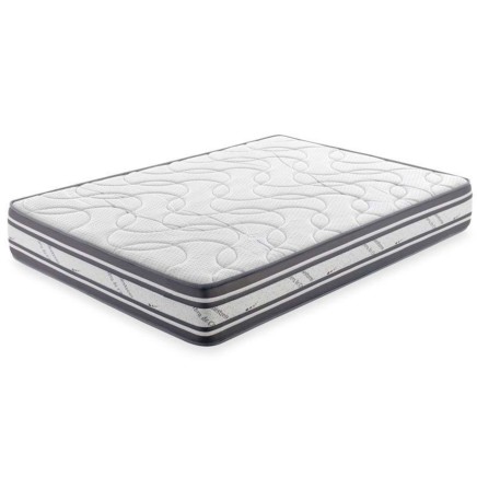 Colchón viscoelástico con acolchado decorativo en blanco y bordes gris oscuro visto en perspectiva