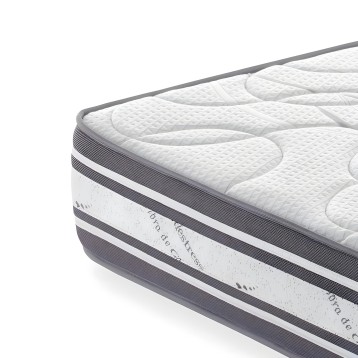Detalle de colchón viscoelástico acolchado blanco con capas de espuma y borde reforzado gris