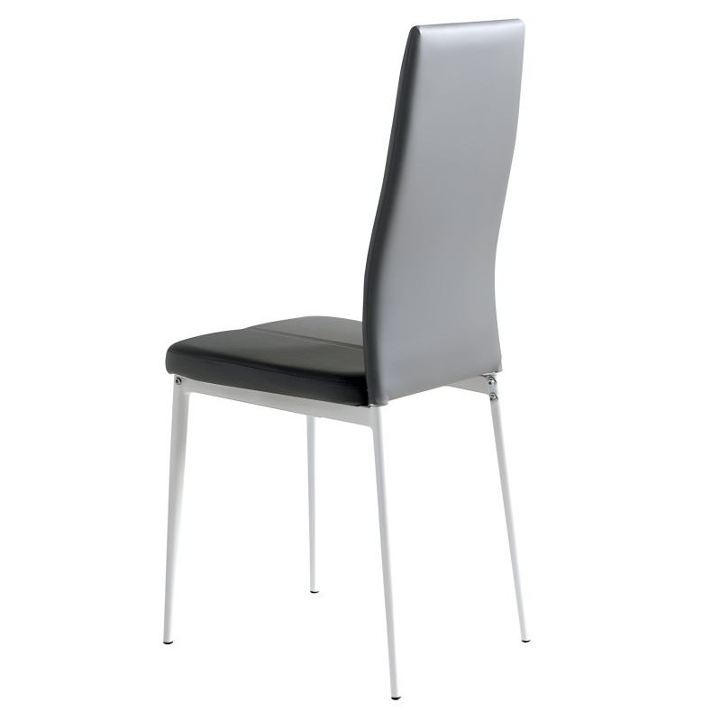 Silla con respaldo curvo gris y asiento negro tapizado en cuero con estructura metálica blanca
