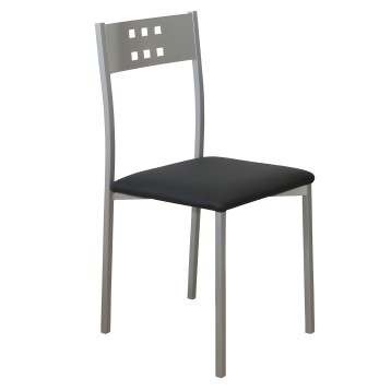 Silla de comedor con estructura metálica gris y respaldo perforado y asiento tapizado en negro