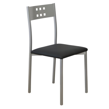 Silla de comedor con estructura metálica gris y respaldo perforado y asiento tapizado en negro