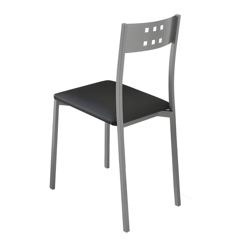 Silla de comedor con estructura gris y respaldo curvo perforado asiento negro tapizado vista frontal