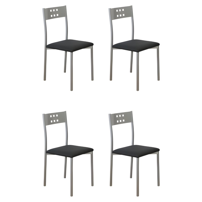 Juego de cuatro sillas de comedor con estructura metálica gris y asiento negro tapizado respaldo perforado