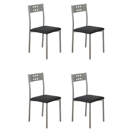 Juego de cuatro sillas de comedor con estructura metálica gris y asiento negro tapizado respaldo perforado