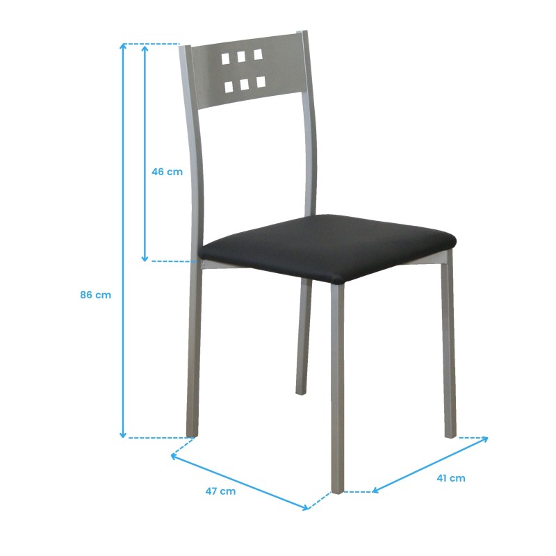 Silla de comedor con estructura gris y respaldo perforado con asiento tapizado en negro