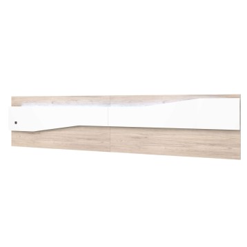 Cabecero cama madera clara y blanco con líneas curvas y panel superior