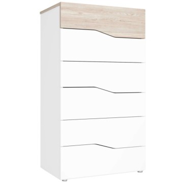 Cómoda blanca con cinco cajones y tapa en madera clara con borde ondulado