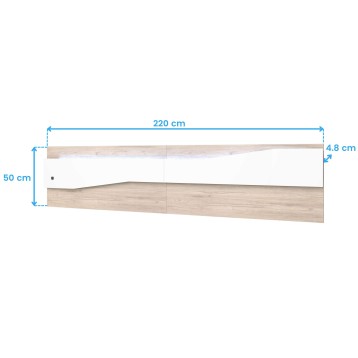 Estantería flotante en madera clara y blanco con diseño ondulado y compartimento abierto vista lateral