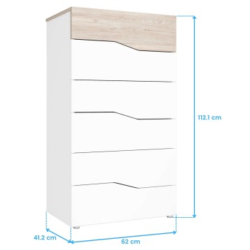 Cómoda de 5 cajones blanca con frentes curvados y tapa superior en madera clara