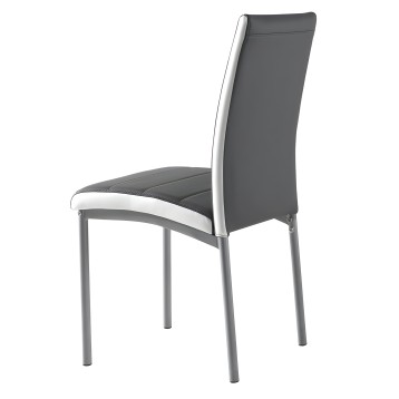 Silla de comedor con respaldo alto tapizado en gris y blanco y estructura metálica gris