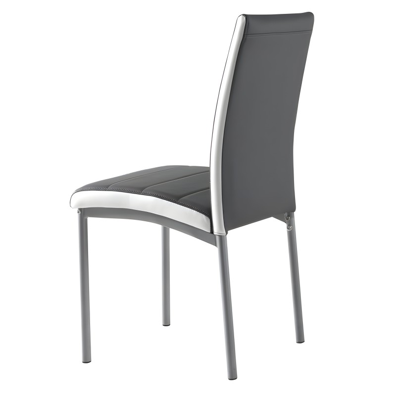 Silla de comedor con respaldo alto tapizado en gris y blanco y estructura metálica gris