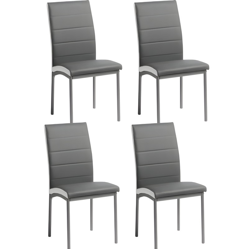 Conjunto de cuatro sillas de comedor con asiento y respaldo tapizado en gris y estructura metálica plateada