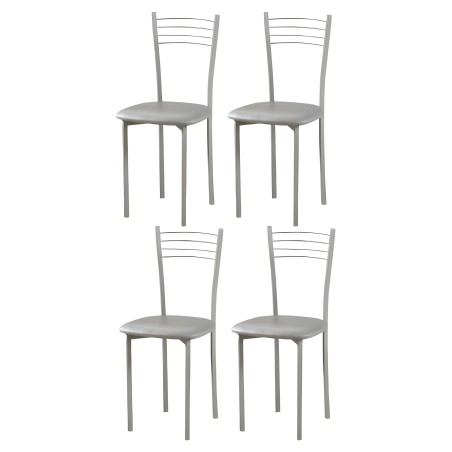 Juego de cuatro sillas de metal gris con asiento acolchado y respaldo con líneas horizontales