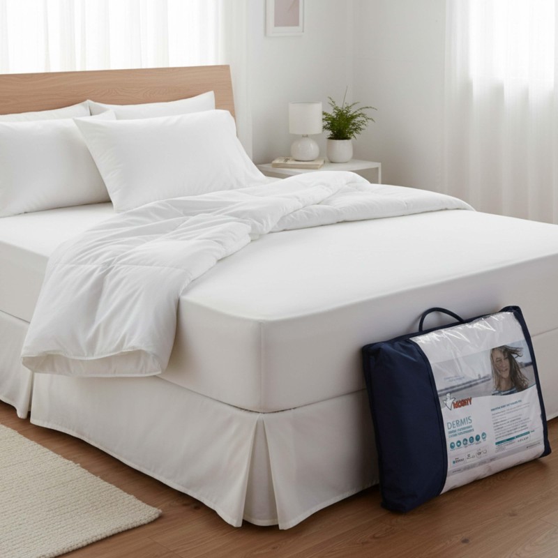 Cama con cabecero de madera clara y ropa de cama blanca junto a protector de colchón en bolsa azul marino