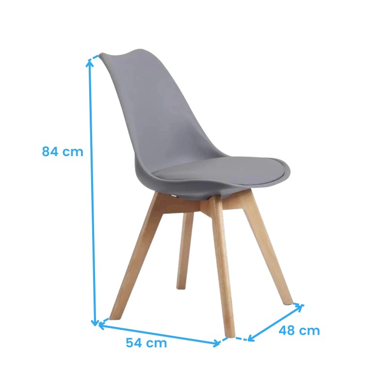 Silla de comedor con asiento gris y respaldo curvo sobre patas de madera natural
