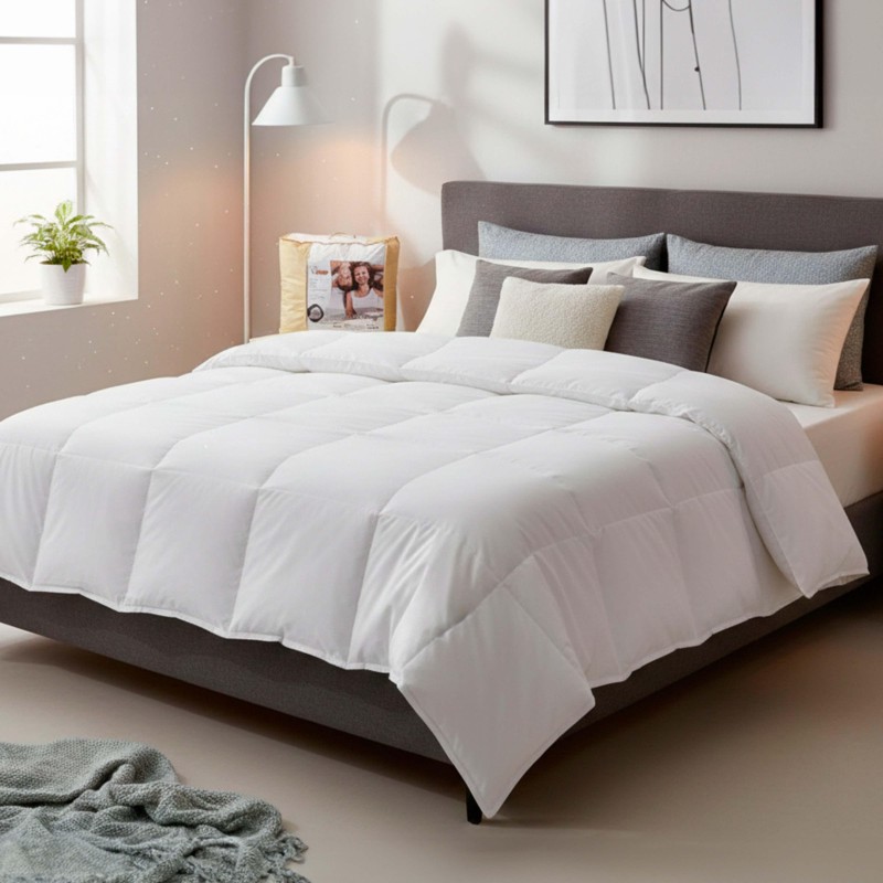Cama con cabecero gris oscuro y edredón blanco acolchado en dormitorio luminoso con almohadas decorativas