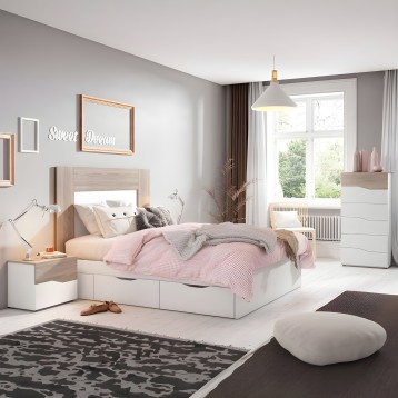 Dormitorio juvenil con cama de madera y blanca con almacenaje y ropa de cama rosa y gris en ambiente completo