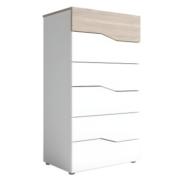 Cajonera blanca con tirador superior en madera clara y cinco cajones abiertos de frente