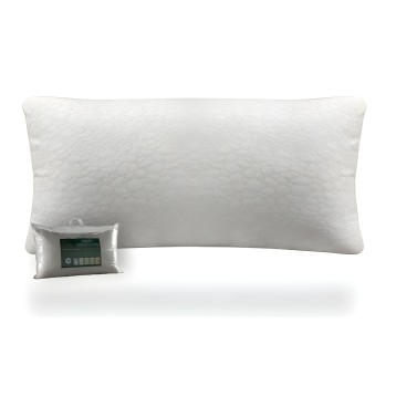 Almohada rectangular blanca acolchada con funda de protección y etiqueta informativa incluida
