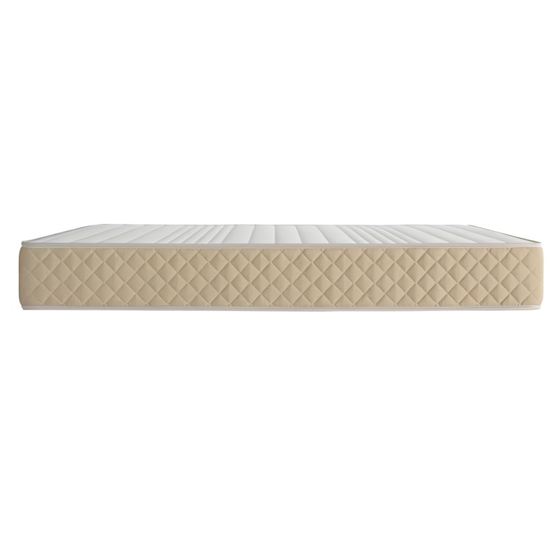 Colchón con funda beige acolchada y superficie blanca vista de perfil