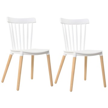 Par de sillas de comedor blancas con respaldo de varillas y patas de madera natural