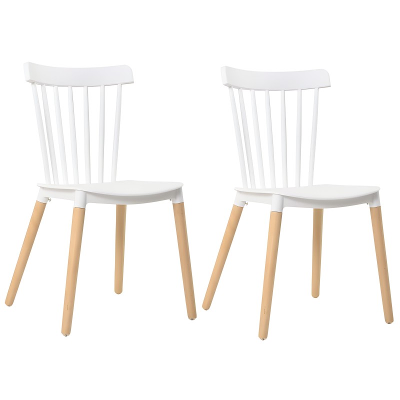 Par de sillas de comedor blancas con respaldo de varillas y patas de madera natural