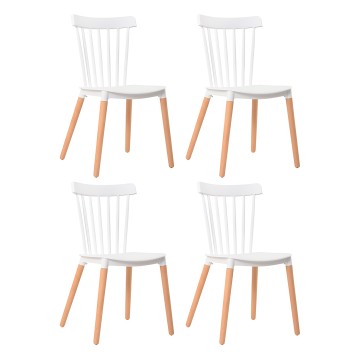Set de 4 sillas comedor blancas con respaldo varillas y patas madera natural