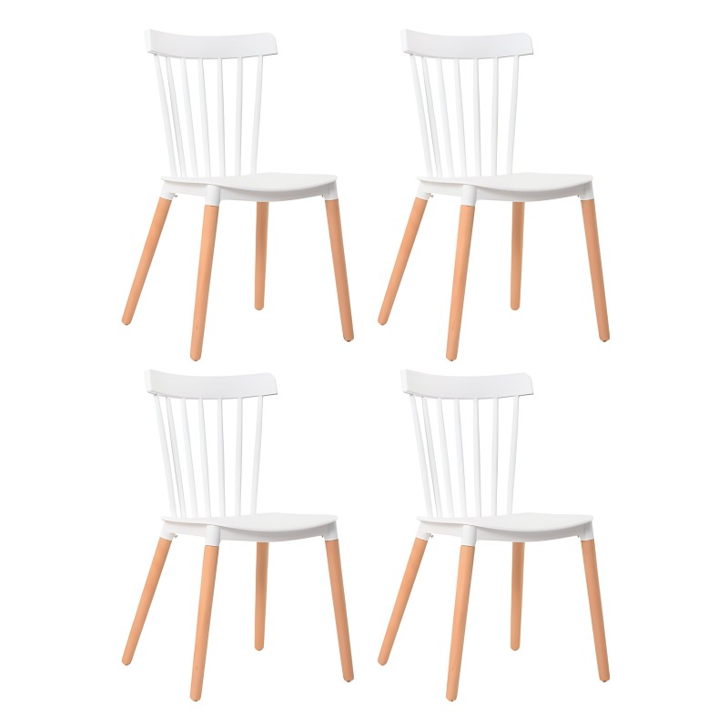 Set de 4 sillas comedor blancas con respaldo varillas y patas madera natural