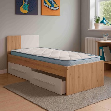 Cama individual de madera natural y blanco con colchón acolchado azul y cajón almacenaje inferior