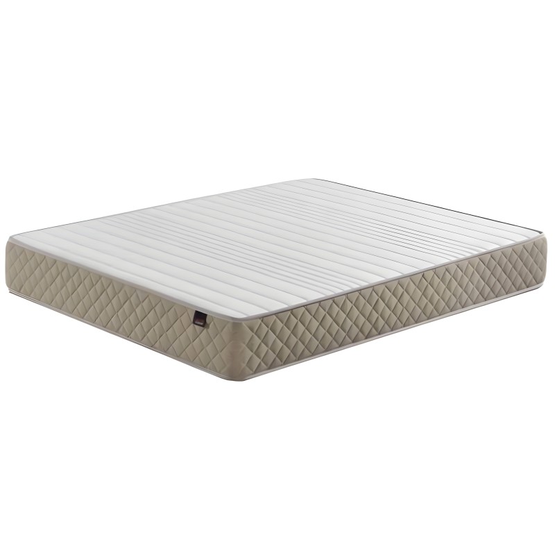 Colchón con núcleo viscoelástico y funda acolchada beige vista en perspectiva