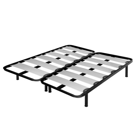 Base cama matrimonial con estructura metálica negra y listones grises en vista frontal y lateral