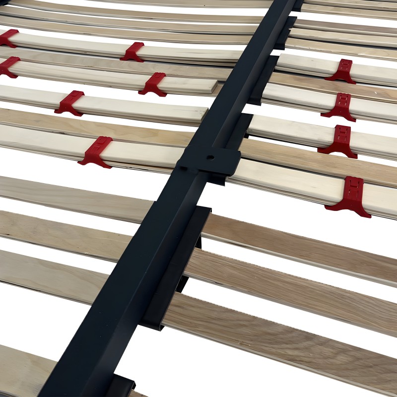 Somier de láminas de madera con soportes rojos y estructura de metal negro vista de detalle
