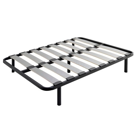 Base de cama con estructura metálica negra y lamas de madera en vista lateral