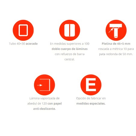 Infografía con iconos rojos que muestran características técnicas y especificaciones de construcción de mueble
