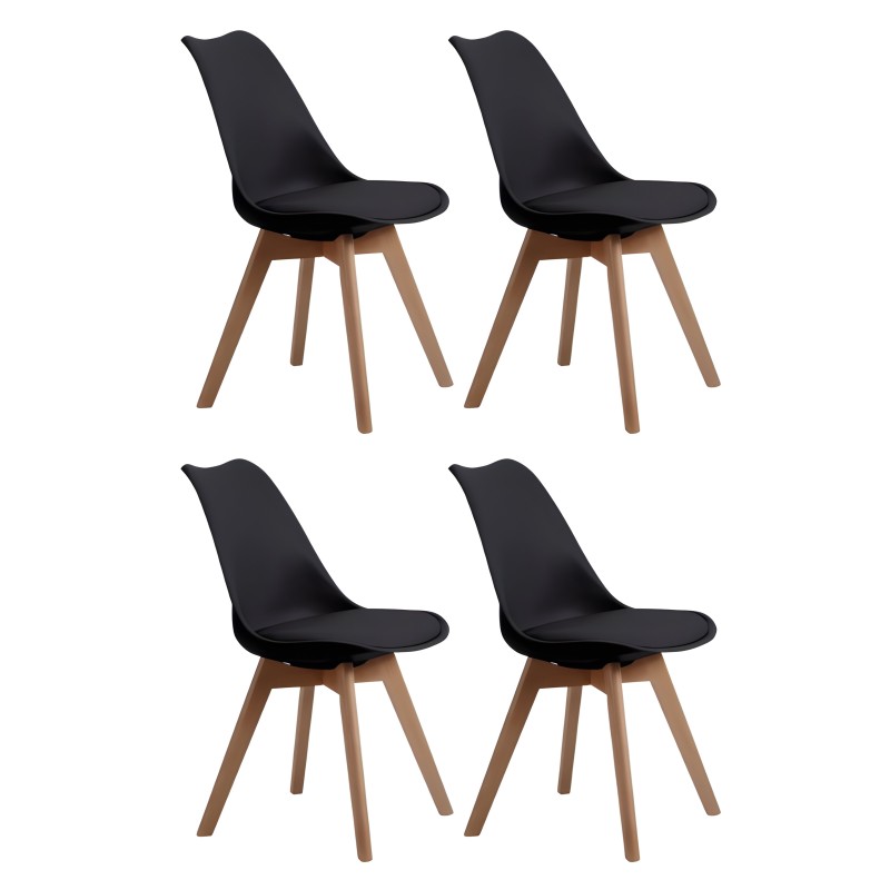 Set de 4 sillas de comedor asiento negro y respaldo ergonómico con patas de madera natural