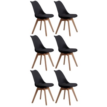Juego de 6 sillas modernas con asiento negro y patas de madera clara estilo nórdico