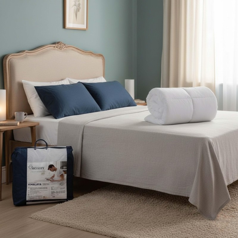 Cama con cabecero de madera tallada y tapizado beige y sábanas grises con almohadas azul marino en ambiente de dormitorio