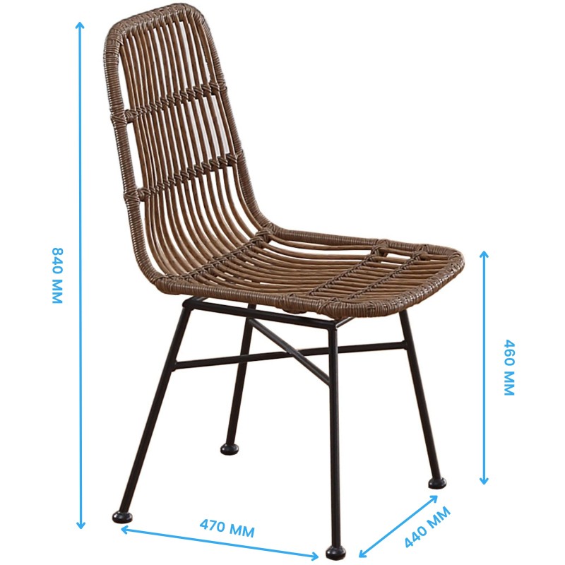 Silla de comedor con respaldo y asiento de ratán marrón y estructura de metal negro