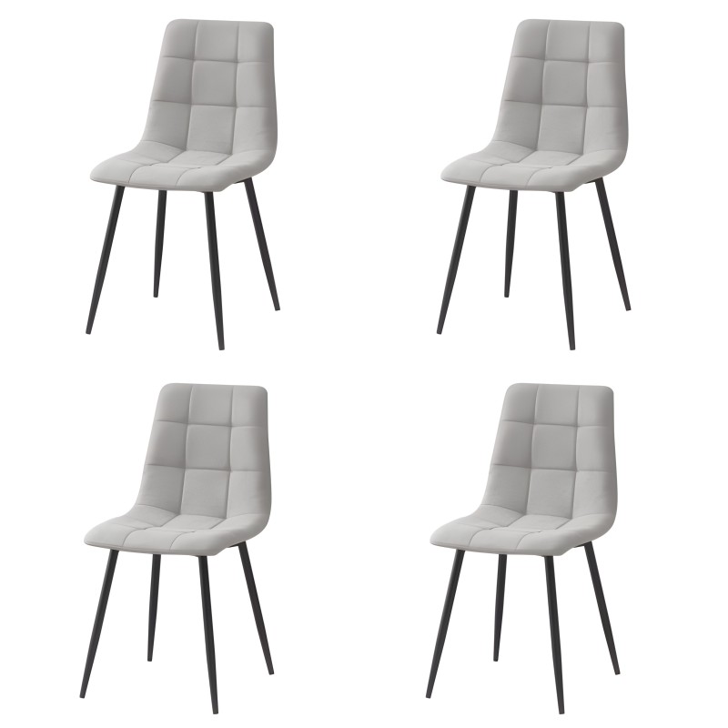 Juego de 4 sillas modernas tapizadas gris claro con respaldo acolchado y patas metálicas negras