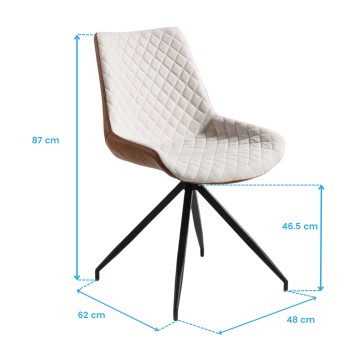 Silla giratoria con asiento tapizado en blanco y respaldo acolchado con costuras en rombo y base metálica negra
