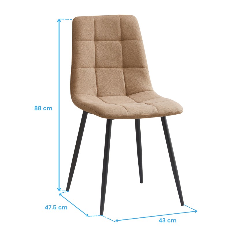 Silla tapizada en tela beige con respaldo acolchado y patas metálicas negras vista frontal