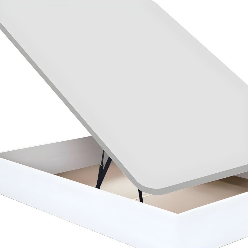Cama abatible blanca con estructura metálica y somier beige en detalle de apertura