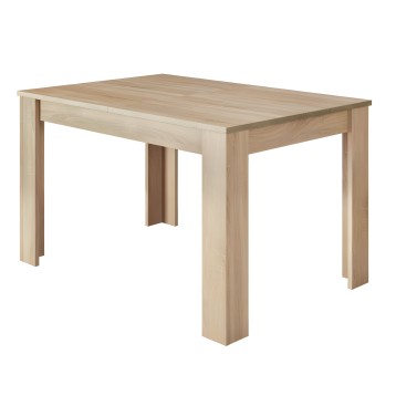 Mesa de comedor rectangular en madera clara con tablero liso y patas macizas de sección cuadrada