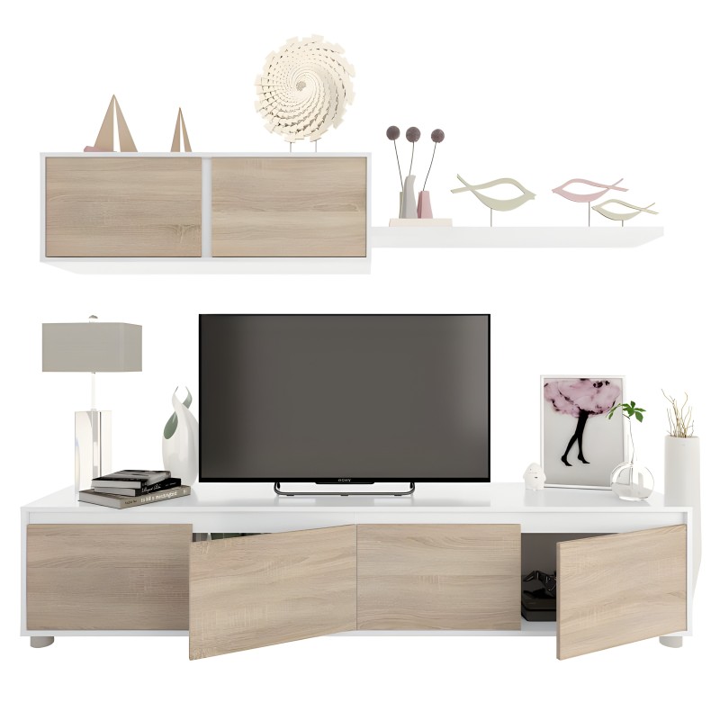 Mueble TV blanco y madera clara con puertas abatibles y estantería flotante en ambiente de sala