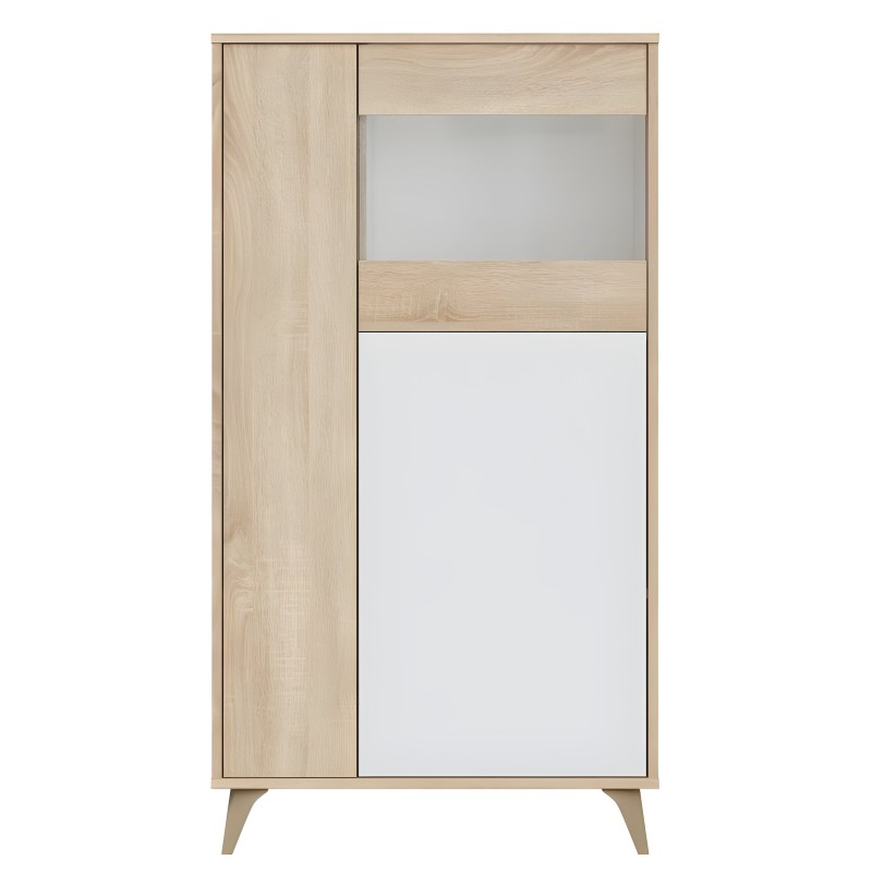 Armario de madera clara con puertas de espejo y cristal y patas de madera inclinadas