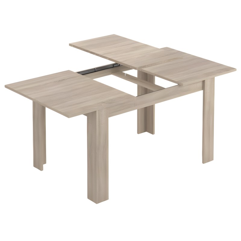Mesa de comedor extensible en madera clara con tapa abatible y patas macizas