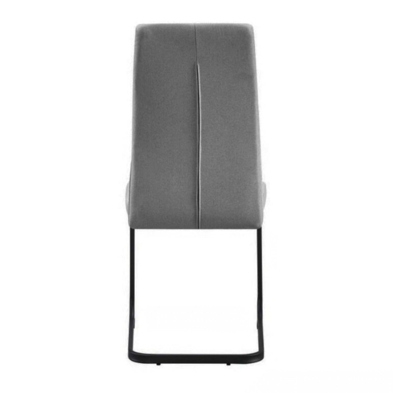 Silla moderna con respaldo tapizado gris y estructura metálica negra vista frontal