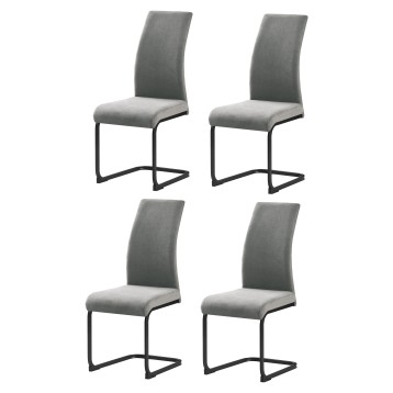 Set de cuatro sillas tapizadas en gris claro con respaldo curvo y base metálica negra voladiza